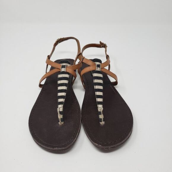 Shoemint Brown Stripe Thong Flat Slingback Ankle Buckled Sandals Women's Size 6 - Picture 1 of 13